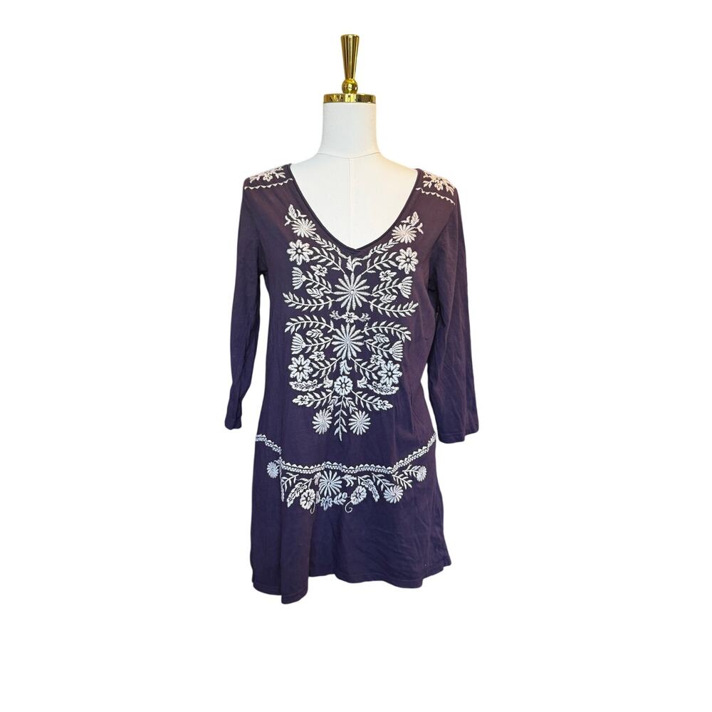 Johnny Was Embroidered Purple Cotton Tunic Top Boho Festival 3/4 Sleeve Medium